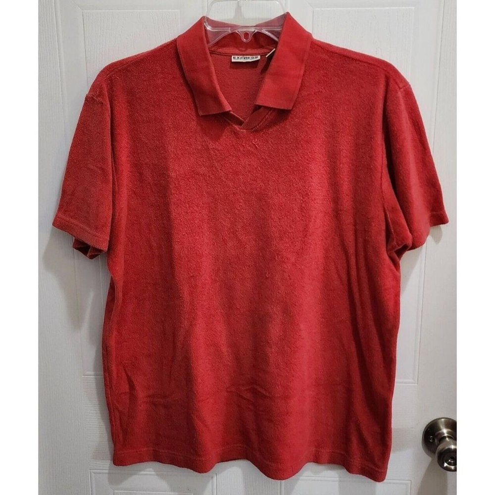 Express Red / Orange Short‎ Sleeve Collared V Neck Terry Cloth Polo Shirt Size M